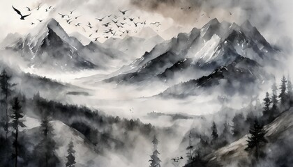 landscape with mountains birds and fog in monochrom painted in watercolor - obrazy, fototapety, plakaty