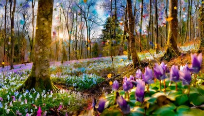 set of horizontal flip calendars with amazing landscapes in minimal style march 2024 first spring flowers blooming in forest colorrful morning scene of woodland glade with corydalis cava flowers - obrazy, fototapety, plakaty