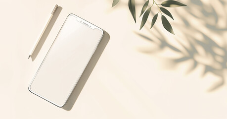 White Smartphone on Neutral Background with Eucalyptus. Design and Branding Mockup Concept. Smartphone and Pen on Sunny Desk