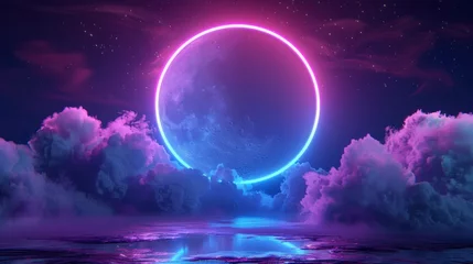 Foto op Plexiglas anti-reflex full moon inside a neon circle with clouds background © Marco