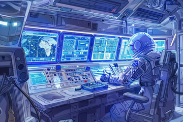 A man is seated at a desk inside a futuristic space station, surrounded by high-tech equipment and computers