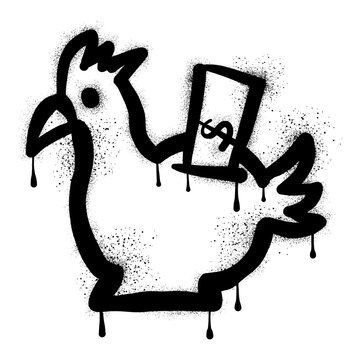 Chicken piggy bank graffiti drawn with black spray paint