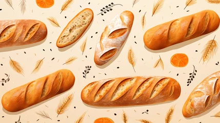Foto op Canvas Background with Various Types of Freshly Baked Baguette Breads and Baking Ingredients. © M.IVA
