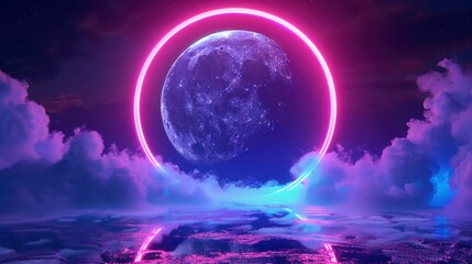 full moon inside a neon circle with clouds and starry sky background