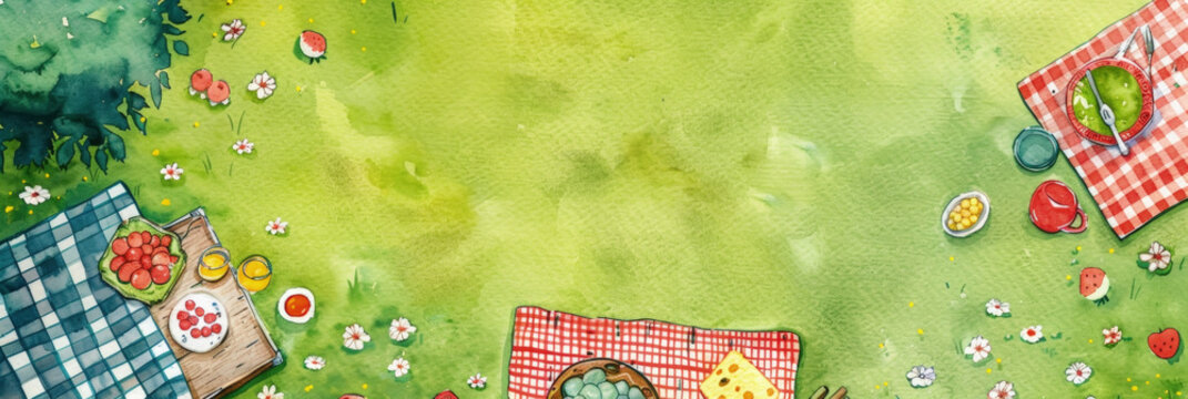 Watercolor painting depicting a picnic scene with cloth-covered picnic table surrounded by various food items and drinks. People are sitting around the table, enjoying the meal and each others company