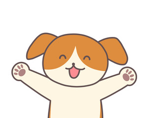 にっこり笑顔で両手を上げる犬