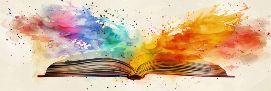 An open book releasing vibrant paint splatters of various colors