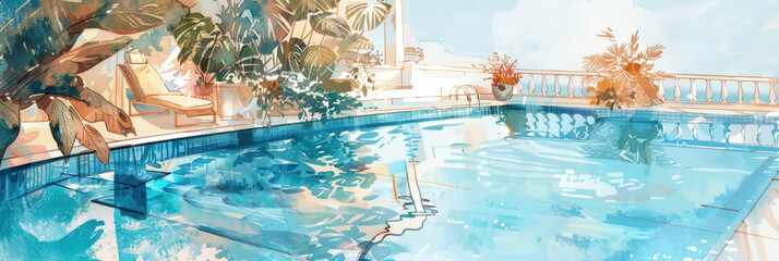 Watercolor painting showing swimming pool within hotel setting, complete with lounge chairs, umbrellas and crystal clear water
