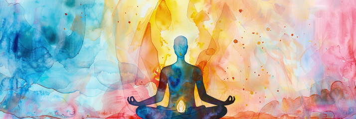 Watercolor painting depicting a person sitting in a yoga pose, showcasing the practice of mindfulness and meditation