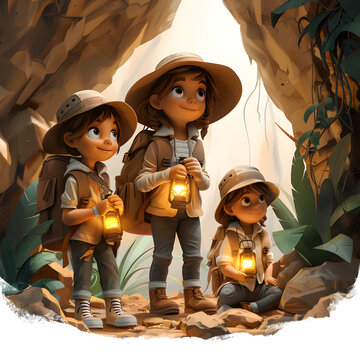 A 3D cartoon render of a mother and kids exploring a cave with flashlights.
