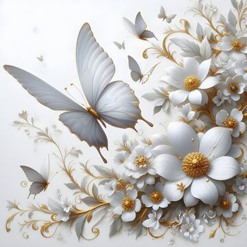 white butterflies on white with gold tint flowers painted with oil beautiful and shining pic