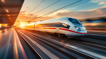 
High speed train in motion on the railway station at sunset. Fast moving modern passenger train on railway platform.