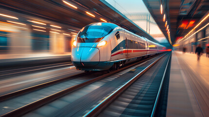 
High speed train in motion on the railway station at sunset. Fast moving modern passenger train on railway platform.
