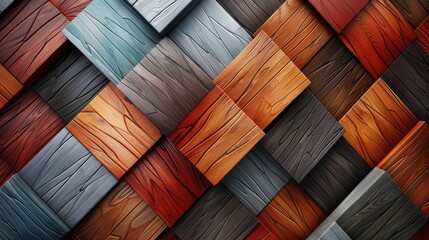3D geometric pattern of wood panels with various grains and colors, soft tones, fine details, high resolution, high detail, 32K Ultra HD, copyspace
