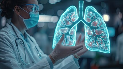 A doctor presenting a holographic projection of human lungs, soft tones, fine details, high resolution, high detail, 32K Ultra HD, copyspace - obrazy, fototapety, plakaty