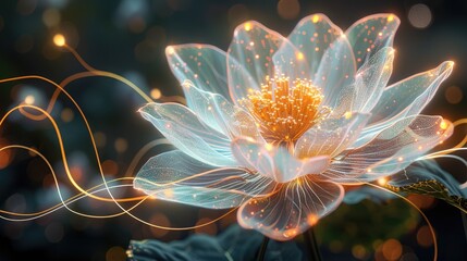A surreal, glowing flower with luminous tendrils and golden pollen, evoking fantasy, soft tones, fine details, high resolution, high detail, 32K Ultra HD, copyspace