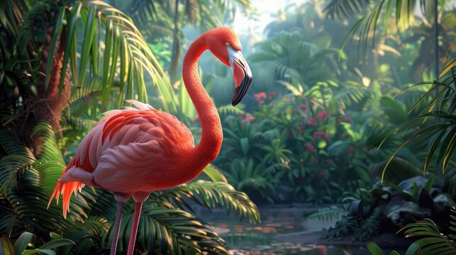 A pink flamingo stands in a lush, fantastical tropical setting, soft tones, fine details, high resolution, high detail, 32K Ultra HD, copyspace