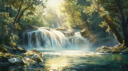 Sunlit forest waterfall painting