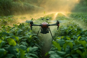 A Agricultural red drone is flying over a field of green plants