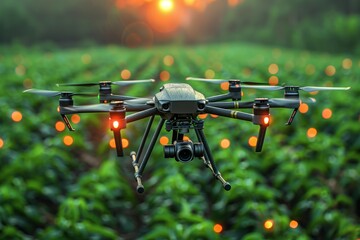 A Agricultural drone is flying over a field of green plants