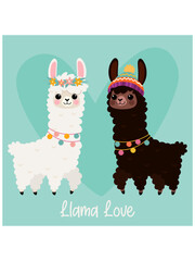 Two cute cartoon llamas on a heart background. Vector design for poster, birthday card and other use.