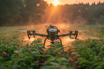 A Agricultural drone is spraying a field of flowers with a spray