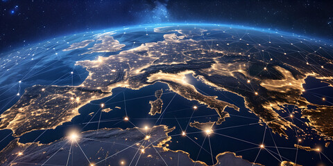 europe map and point illuminating in digital network light , the globe with data network and lines, mediterranean landscapes, glowing lights, aerial view, regionalism  - obrazy, fototapety, plakaty