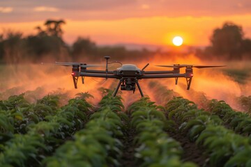 A Agricultural drone is flying over a field of green plants