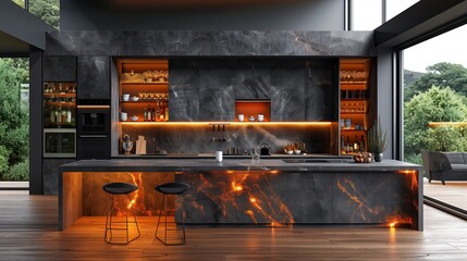 A modern kitchen with a black countertop and a black bar