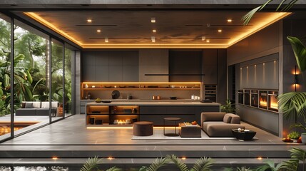 A modern kitchen with a fireplace and a living room with a couch