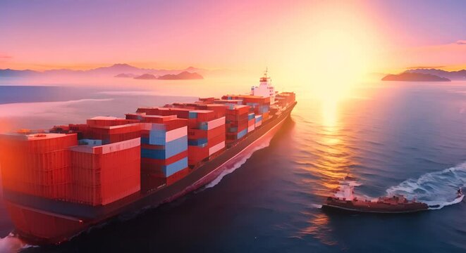 A large container ship sailing across the ocean at evening sunset with cargo ships for import and export logistics and world trade