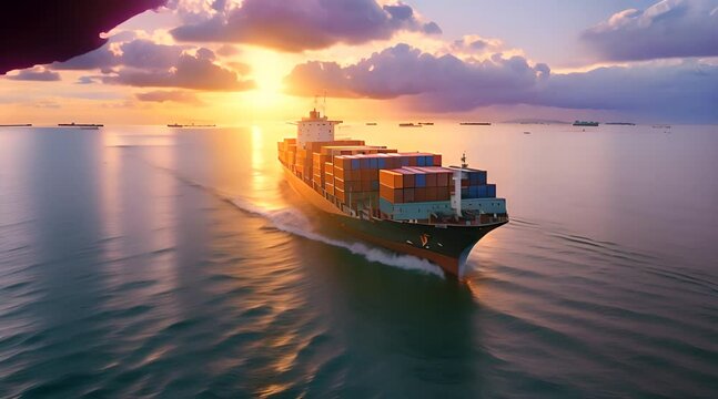 A large container ship sailing across the ocean at evening sunset with cargo ships for import and export logistics and world trade. 