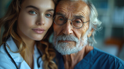 Close up caring doctor touching mature patient shoulder, expressing empathy and support, young woman therapist physician comforting senior aged man at meeting, medical healthcare and help.