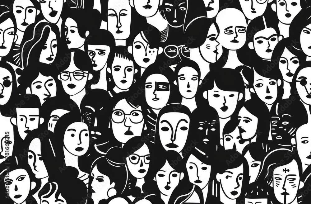 Poster black and white vector illustration of a crowd of faces from different nationalities and ages in a s
