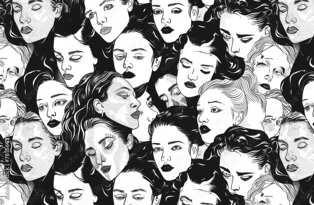 Poster design drawings of many faces, all in black and white, creating a pattern generative ai