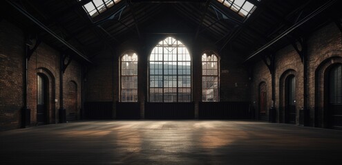 Spacious industrial loft with high ceilings, large windows, and natural light casting shadows on wooden floor, suitable for a modern urban interior backdrop. - obrazy, fototapety, plakaty