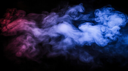 Vivid red, white, and blue smoke intertwine against a stark black background, creating a...