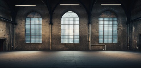 Fototapeta premium Spacious industrial loft with large windows, high ceilings, and a symmetrical interior, perfect for a modern urban backdrop.