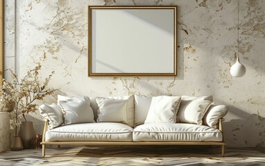 Elegant interior setup with a luxurious white sofa, decorative pillows, and a blank framed poster on a textured wall, illuminated by natural light.