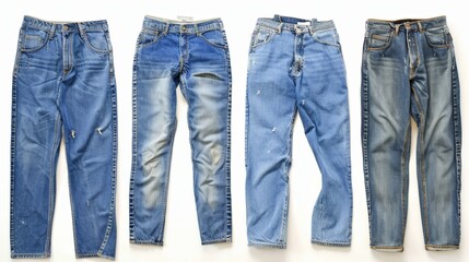 Five pairs of jeans on white surface