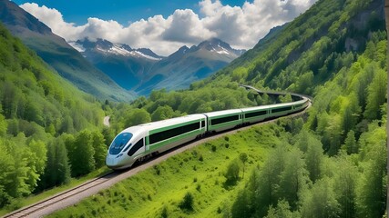 Fast train passing through a verdant, mountainous, and forest-filled environment is an example of a green energy and transportation concept. - obrazy, fototapety, plakaty