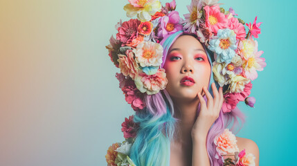 beautiful surreal lady with rainbow colored flowers on her head, beauty wallpaper with copy space