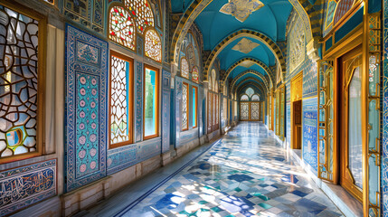 Fototapeta na wymiar Historic Hallway in Hues, Ornate Islamic Passage