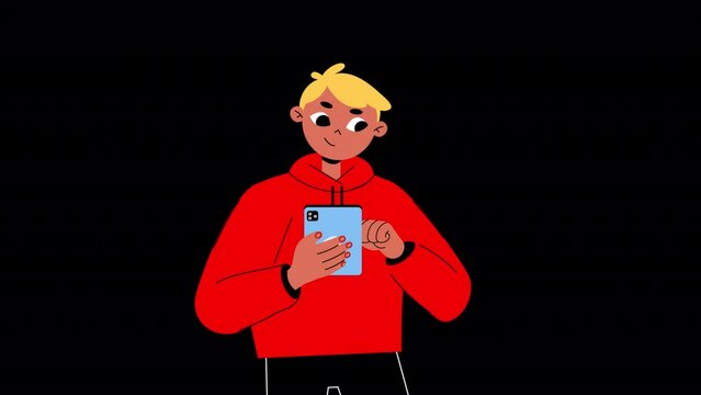 Influencer Young Boy Surfing On Social Media Platforms 2D Animation On Alpha Channel