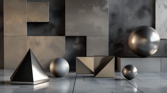A series of reflective geometric shapes including a sphere, pyramid, and cube artfully arranged in a room with a modern minimalist aesthetic, with textured walls