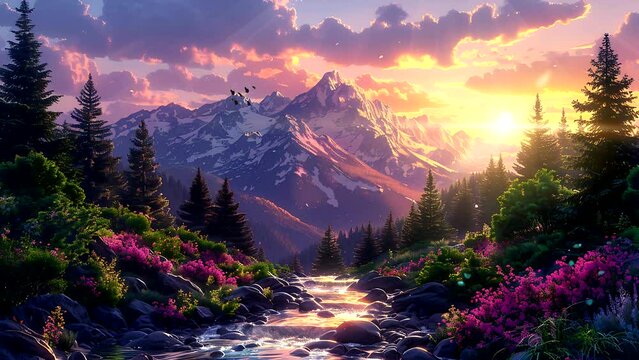 beautiful fantasy views of mountain peaks and lush green trees and small streams flowing at sunset. Seamless looping 4k time-lapse video animation background 