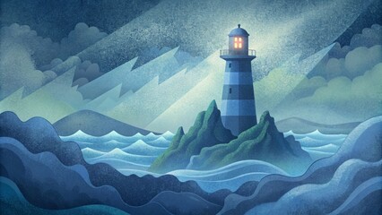 Just as a lighthouse withstands harsh weather and rocky waves to guide ships to safety those who are perseed for righteousness stand - obrazy, fototapety, plakaty