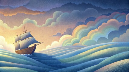 A ship sailing through a rough and stormy sea is suddenly greeted by a rainbow in the horizon. The crew who had been fearful and uncertain start - obrazy, fototapety, plakaty