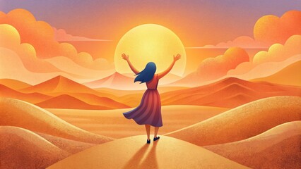 A woman walking through the desert toward the setting sun is seen smiling and laughing her arms lifted towards the sky. Though the journey has - obrazy, fototapety, plakaty