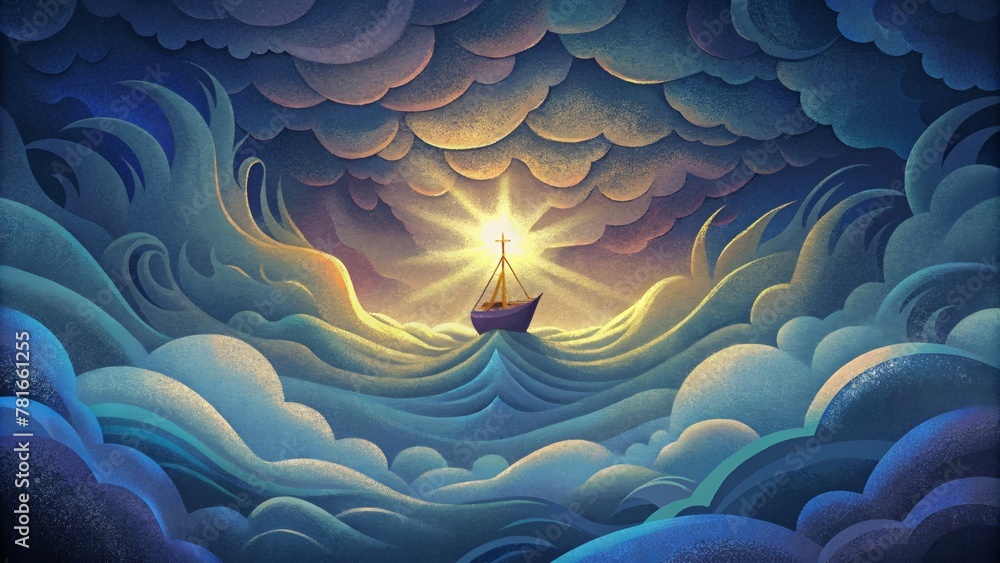 Aufkleber An abstract piece featuring a stormy sea with a small boat in the center representing the chaos and turmoil of life but in the midst of it is a